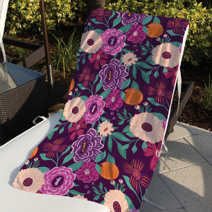 Orange & Floral Blossom Purple & Pink Pattern Beach Towel