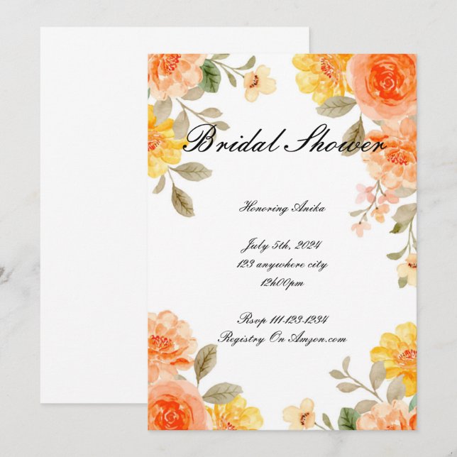 ORANGE FLORAL BOTANICAL BRIDAL SHOWER INVITATION (Front/Back)