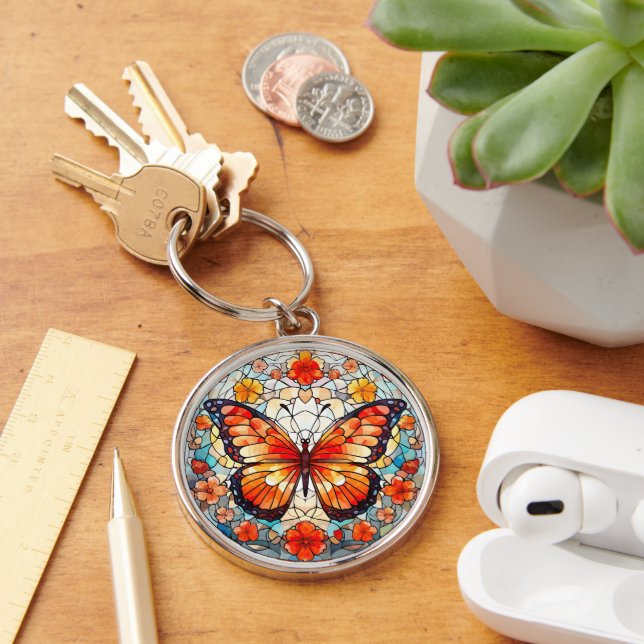 Orange Floral Butterfly Stained Glass Keychain (Desk)