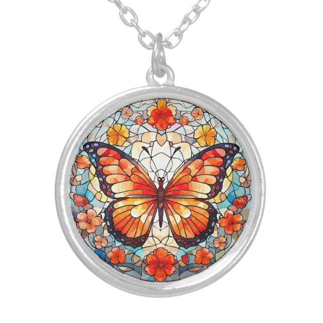 Orange Floral Butterfly Stained Glass Silver Plated Necklace (Front)