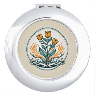 Orange Floral Button Compact Mirror