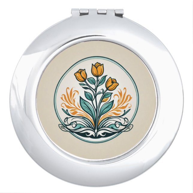 Orange Floral Button Compact Mirror (Front)