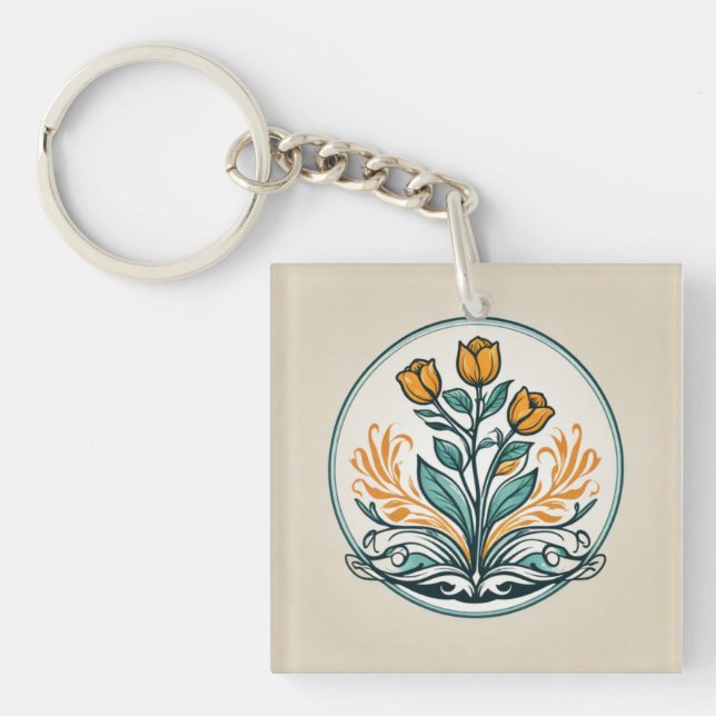 Orange Floral Button Keychain (Front)