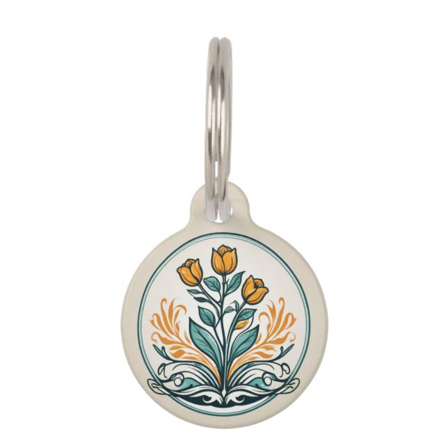 Orange Floral Button Pet ID Tag (Front)