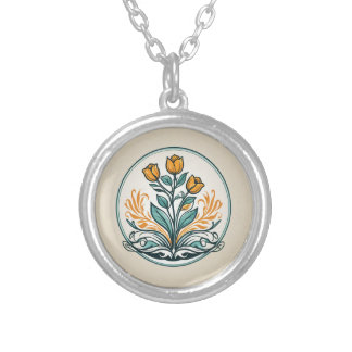 Orange Floral Button Silver Plated Necklace