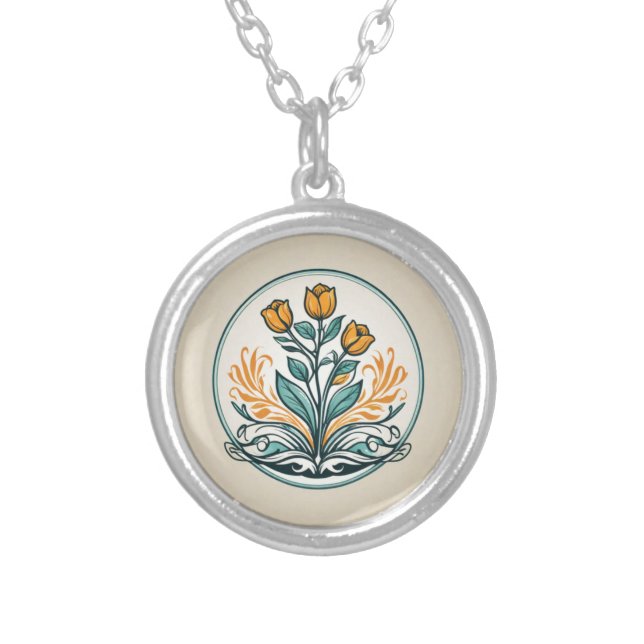 Orange Floral Button Silver Plated Necklace (Front)