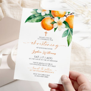 Orange Floral Christening Invitation