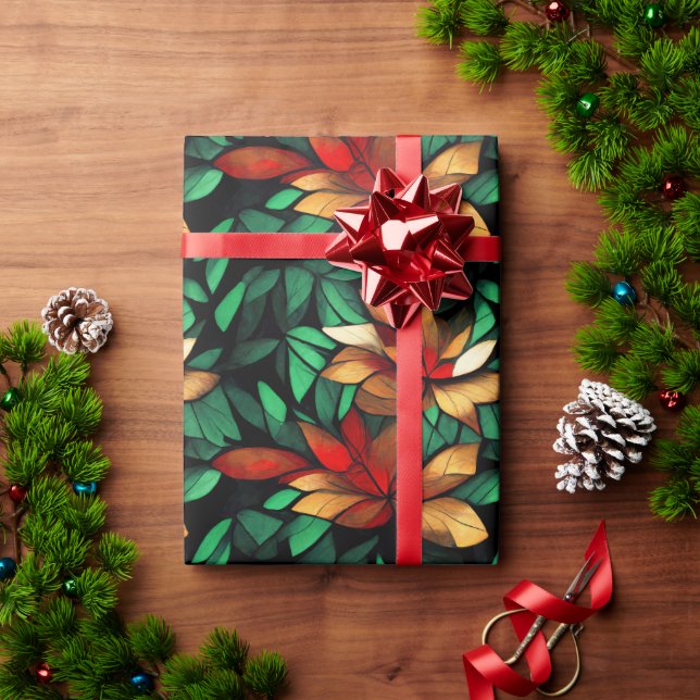 Orange Floral Christmas Pattern Wrapping Paper (Holiday Gift)