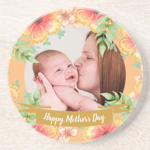 Orange Floral Custom Photo Mothers Day Coaster