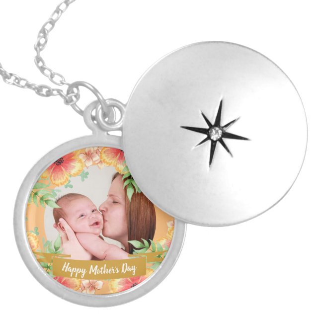 Orange Floral Custom Photo Mother's Day Locket Necklace (Front)
