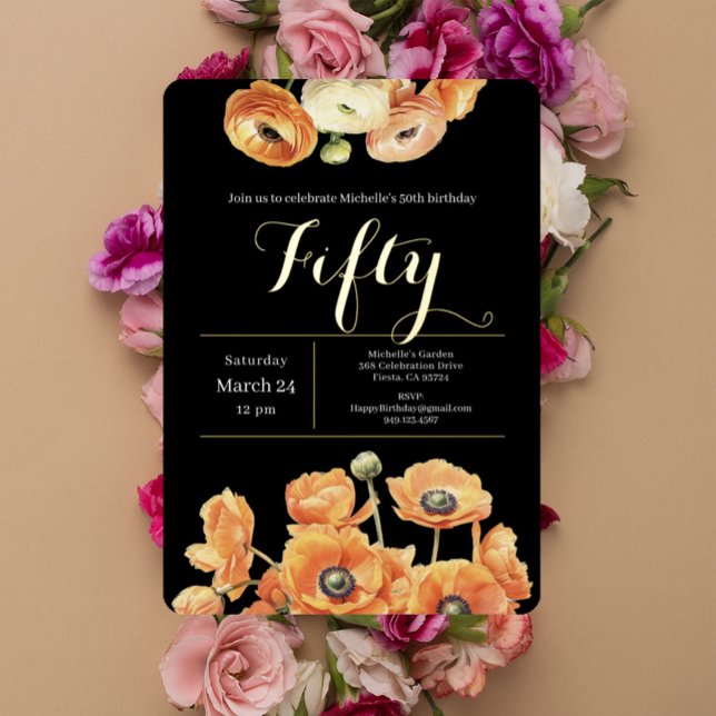 Orange Floral Elegant Black 50th Birthday Party Foil Invitation (Creator Uploaded)