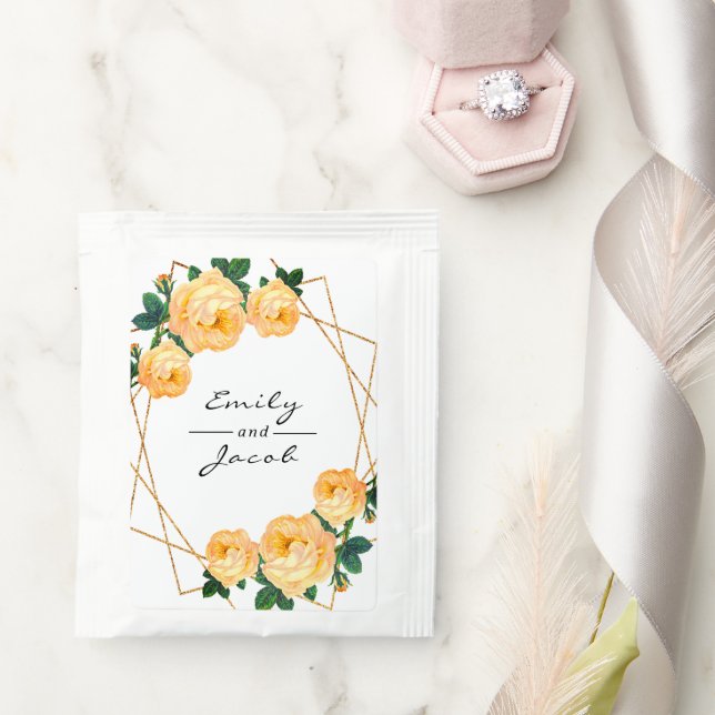 Orange Floral Elegant Gold Glitter Geometric Names Tea Bag Drink Mix (Wedding)