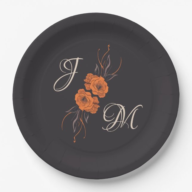 Orange Floral Elegant Minimal Monogram Wedding  Paper Plates (Front)