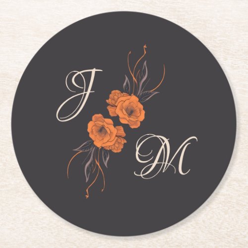 Orange Floral Elegant Minimal Monogram Wedding  Round Paper Coaster