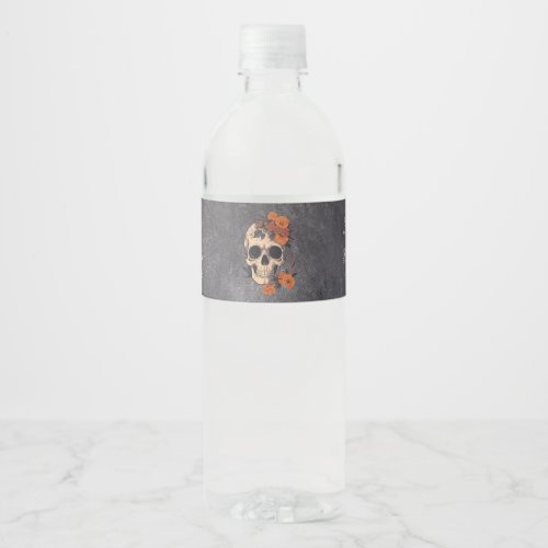 Orange Floral Elegant Skull Minimal Wedding  Water Bottle Label