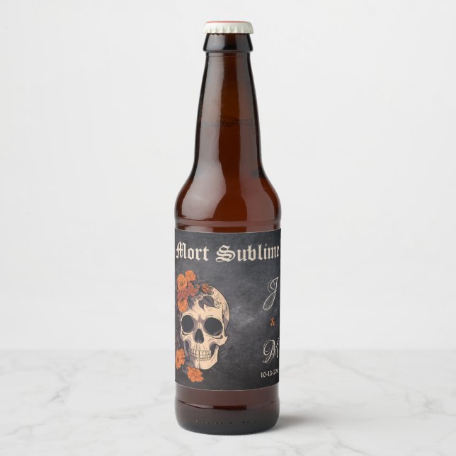 Orange Floral Elegant Skull Monogram Wedding beer  Bottle Label (Front)
