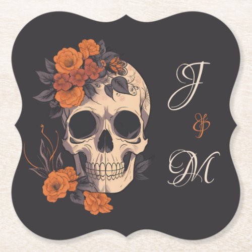 Orange Floral Elegant Skull Monogram Wedding  Paper Coaster