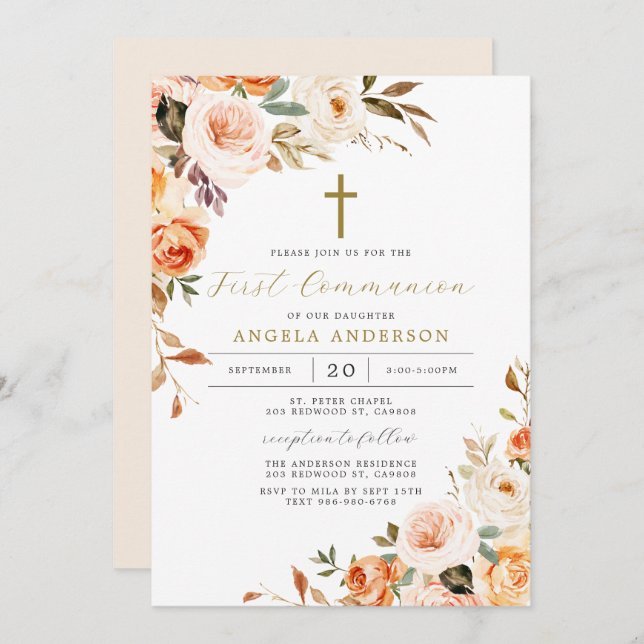 Orange Floral First Communion Invitation (Front/Back)