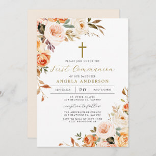Orange Floral First Communion Invitation