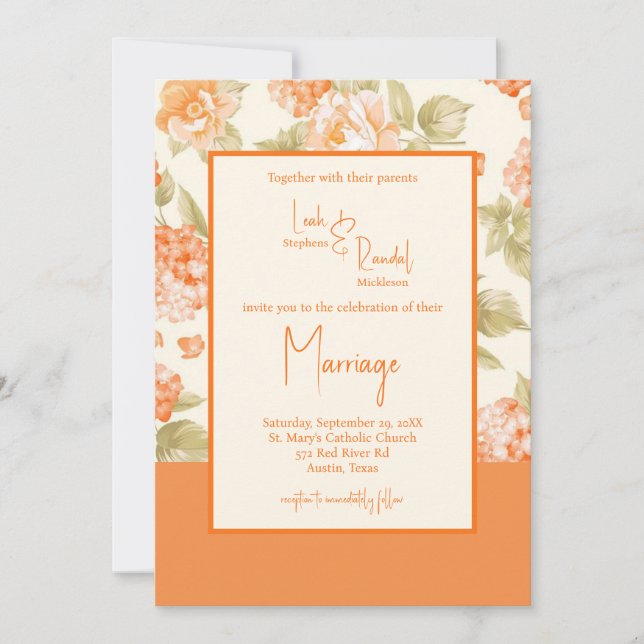 Orange Floral Formal Wedding Invitation (Front)