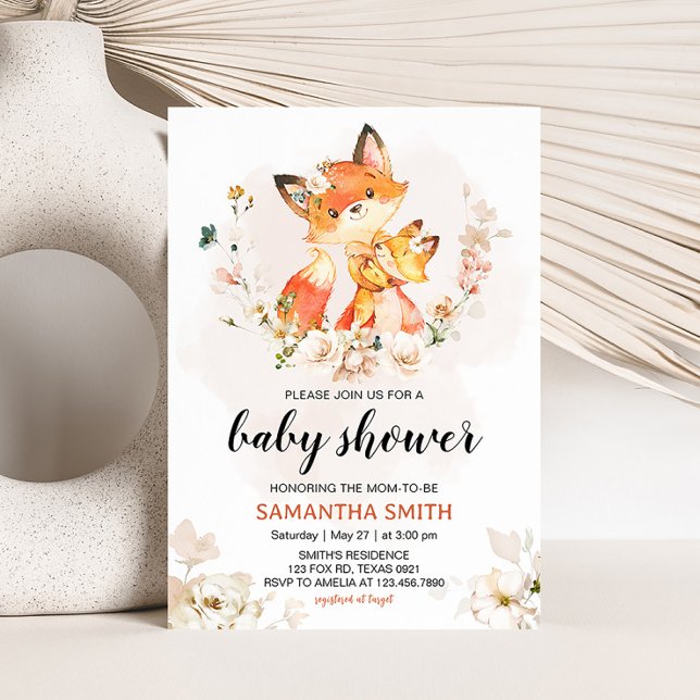 Orange Floral Fox Baby Shower  Invitation (Fox Baby Shower Invitation)
