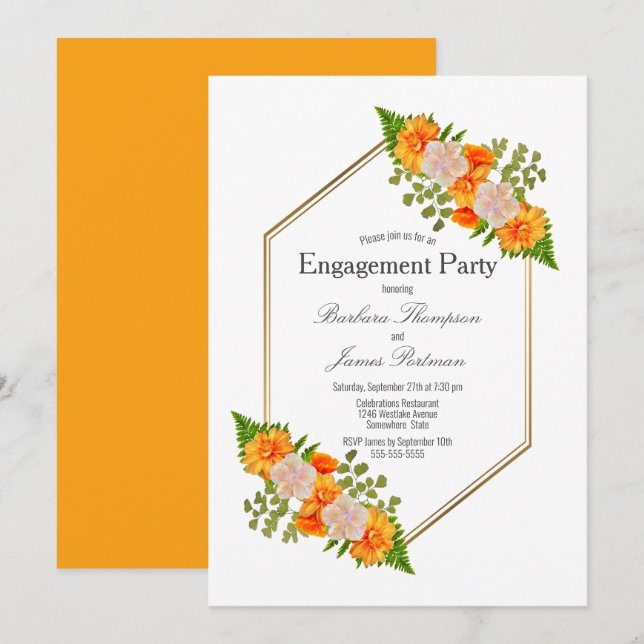 Orange Floral Gold Frame Engagement Part Invitation (Front/Back)