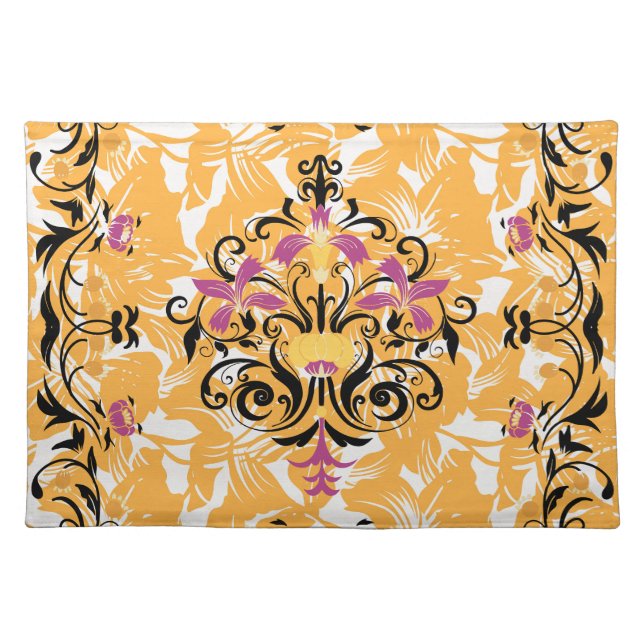 Orange Floral Gothic Graphic Art, Hollow Life Cloth Placemat (Front)