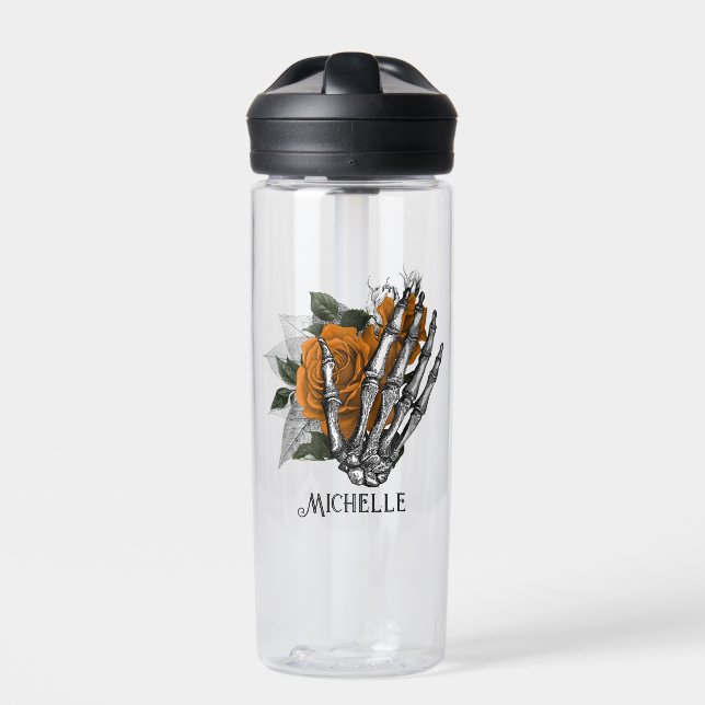 Orange floral Gothic Skull Water Bottle (Front)