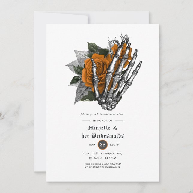 Orange Floral Gothic Skulls Bridesmaids Luncheon Invitation (Front)