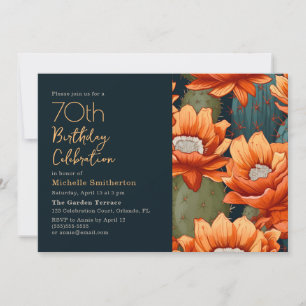 Orange Floral Green Cactus Navy 70th Birthday Invitation
