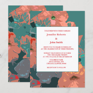 Orange Floral Green Leaves Art Abstract Wedding Invitation