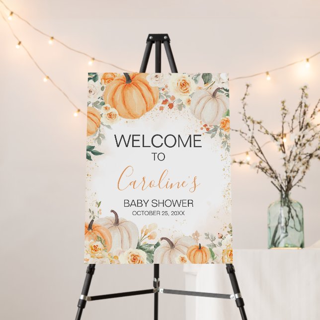 Orange Floral Greenery Little Pumpkin Welcome Sign (In Situ (Stand))