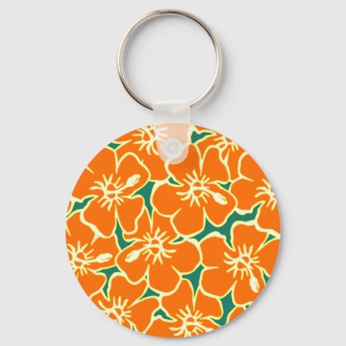 Orange Floral Hibiscus Hawaiian Flowers Keychain