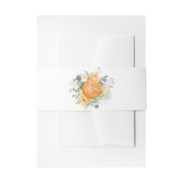 Orange Floral Initials Romantic Wedding Invitation Belly Band (Front Example)