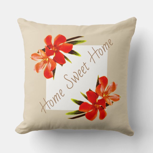 Orange Floral | Khaki & White | Home Sweet Home Throw Pillow (Front)