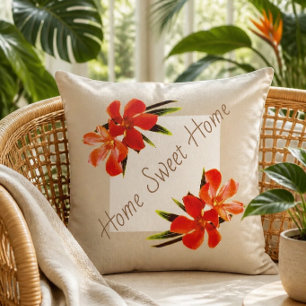 Orange Floral Khaki & White Home Sweet Home Throw Pillow