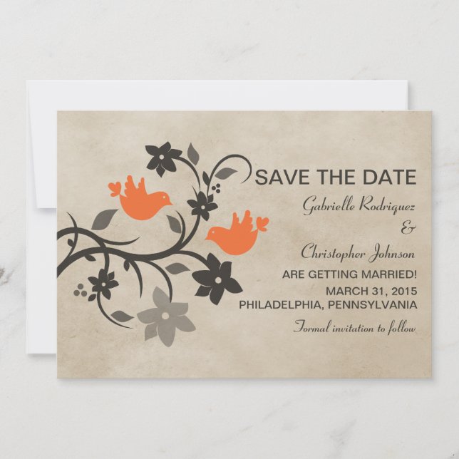Orange Floral Lovebirds Save the Date Invite (Front)