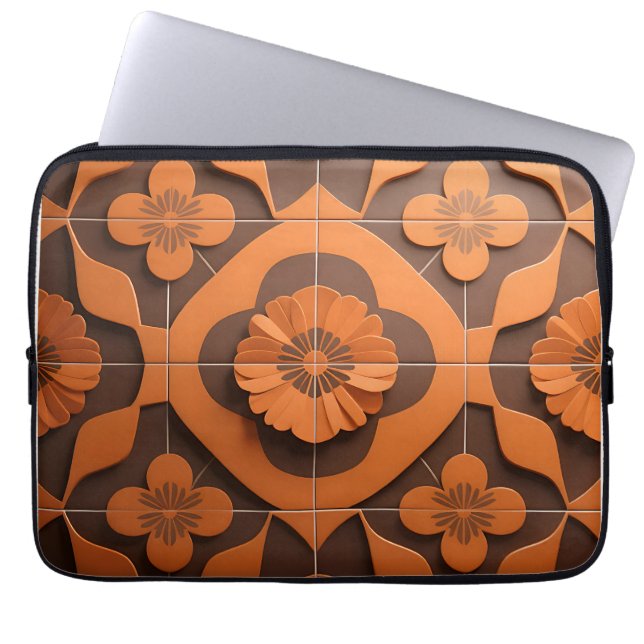 Orange Floral Medallion Geometric Tile Pattern Laptop Sleeve (Front)