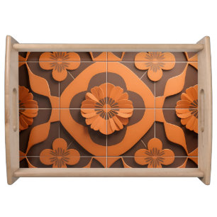 Orange Floral Medallion Geometric Tile Pattern Serving Tray