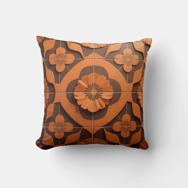 Orange Floral Medallion Geometric Tile Pattern Throw Pillow (Front)