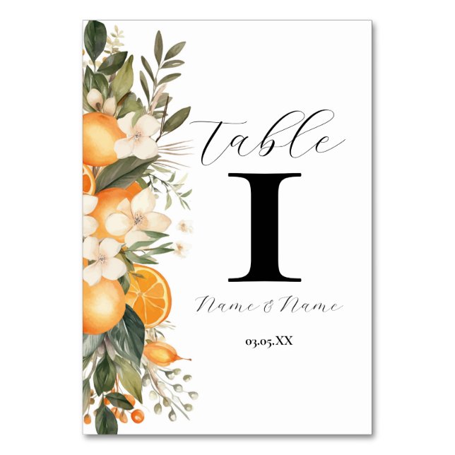 Orange Floral Menu Table Numbers Flowers Bridal (Front)