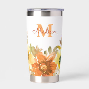 Orange Floral Monogram Name Gift Insulated Tumbler