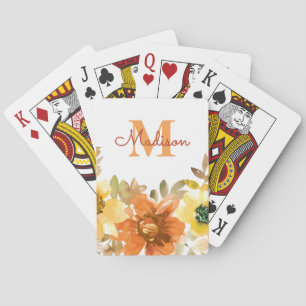 Orange Floral Monogram Name Gift Poker Cards