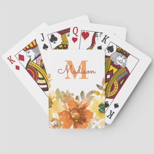 Orange Floral Monogram Name Gift Poker Cards