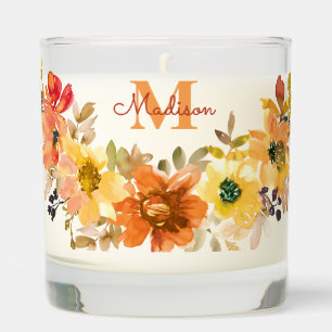 Orange Floral Monogram Name Gift Scented Candle