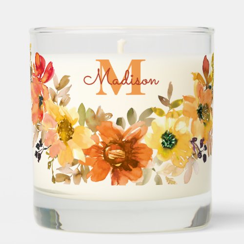 Orange Floral Monogram Name Gift Scented Candle