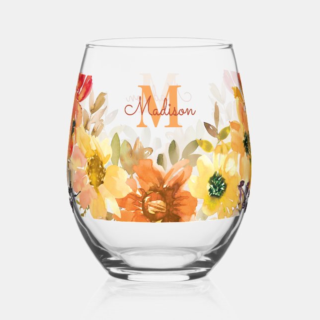 Orange Floral Monogram Name Gift Stemless Wine Glass (Back)