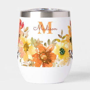 Orange Floral Monogram Name Gift Thermal Wine Tumbler
