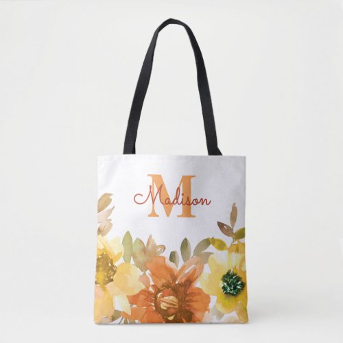 Orange Floral Monogram Name Gift Tote Bag