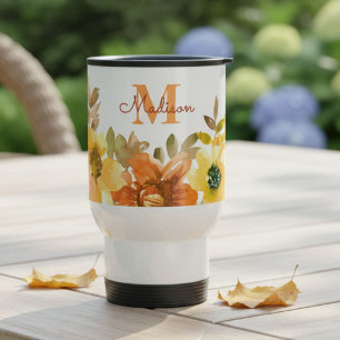 Orange Floral Monogram Name Gift Travel Mug